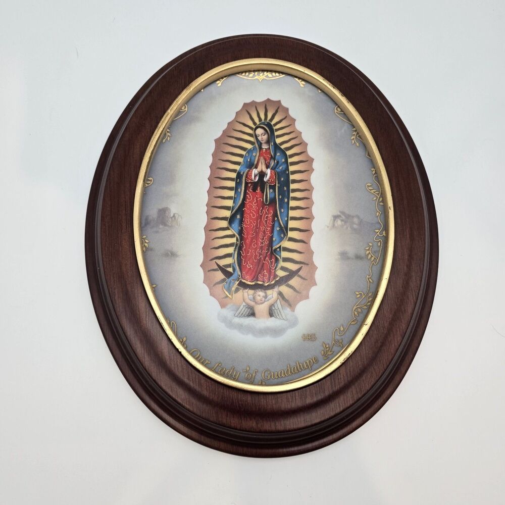 Mary Our Lady of Guadalupe Plate In Oval Wood Frame Bradford Exchange 1994 Gold